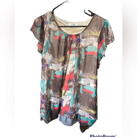 J&Red Multicolor Abstract Sheer, Lined Ruffle Sleeve Dress Tunic - Picture 1 of 5